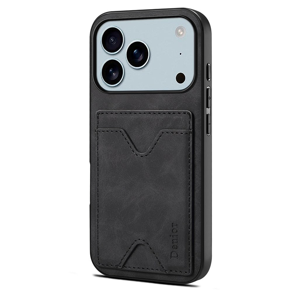 DENIOR For iPhone 17 Pro Max Case Card Holder Kickstand Leather + PC + TPU Phone Cover - Black