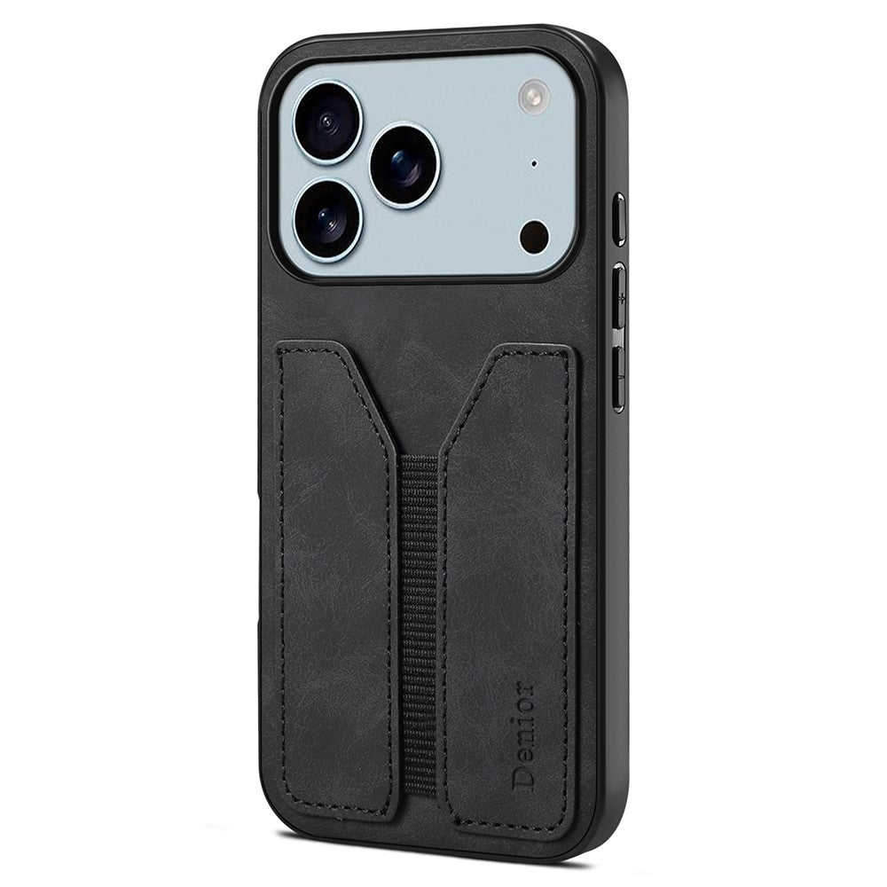DENIOR For iPhone 17 Pro Max Case Elastic Card Holder PU Leather + TPU + PC Phone Cover - Black