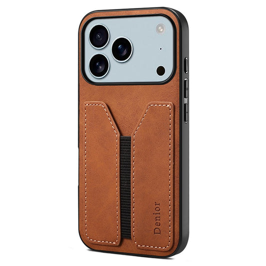 DENIOR For iPhone 17 Pro Max Case Elastic Card Holder PU Leather + TPU + PC Phone Cover - Brown