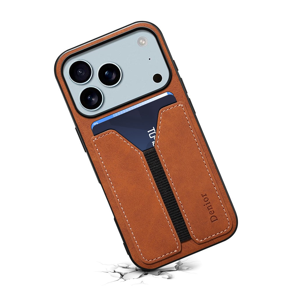 DENIOR For iPhone 17 Pro Max Case Elastic Card Holder PU Leather + TPU + PC Phone Cover - Brown