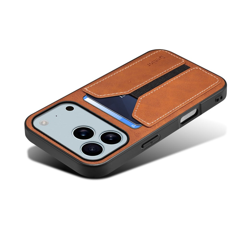 DENIOR For iPhone 17 Pro Max Case Elastic Card Holder PU Leather + TPU + PC Phone Cover - Brown