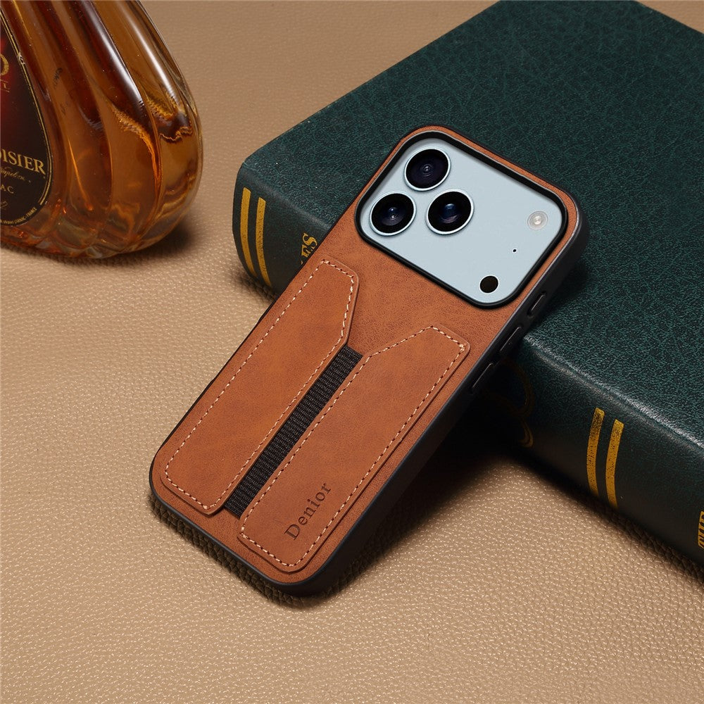 DENIOR For iPhone 17 Pro Max Case Elastic Card Holder PU Leather + TPU + PC Phone Cover - Brown