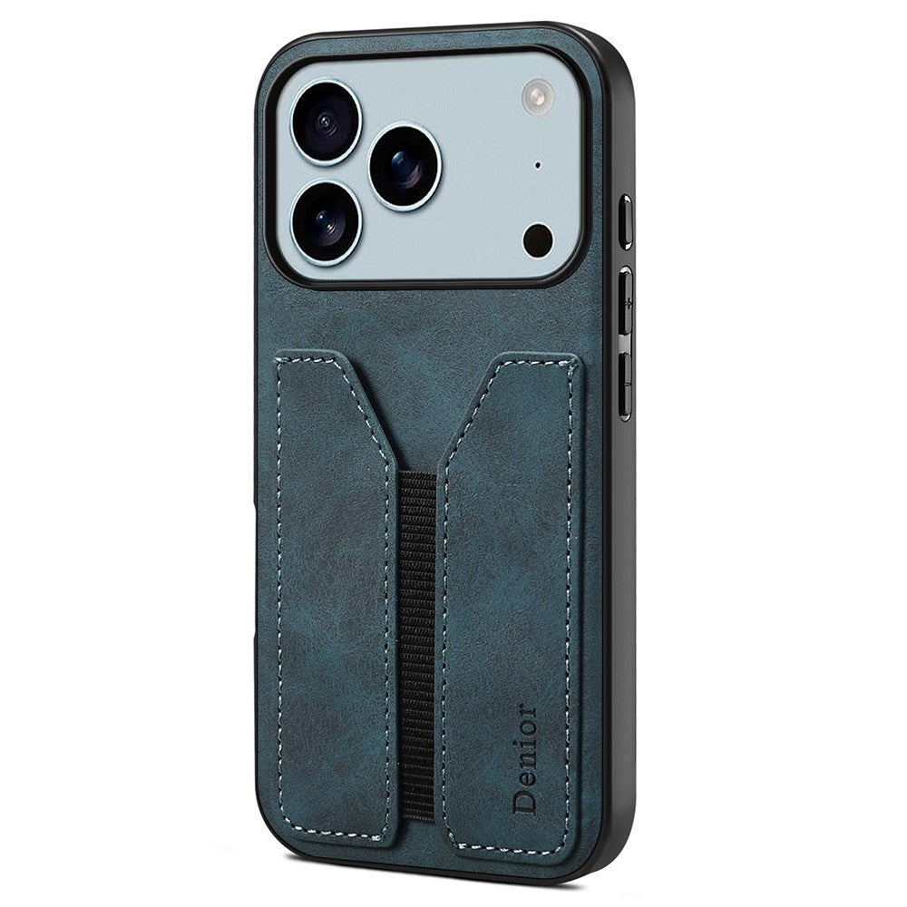 DENIOR For iPhone 17 Pro Max Case Elastic Card Holder PU Leather + TPU + PC Phone Cover - Blue