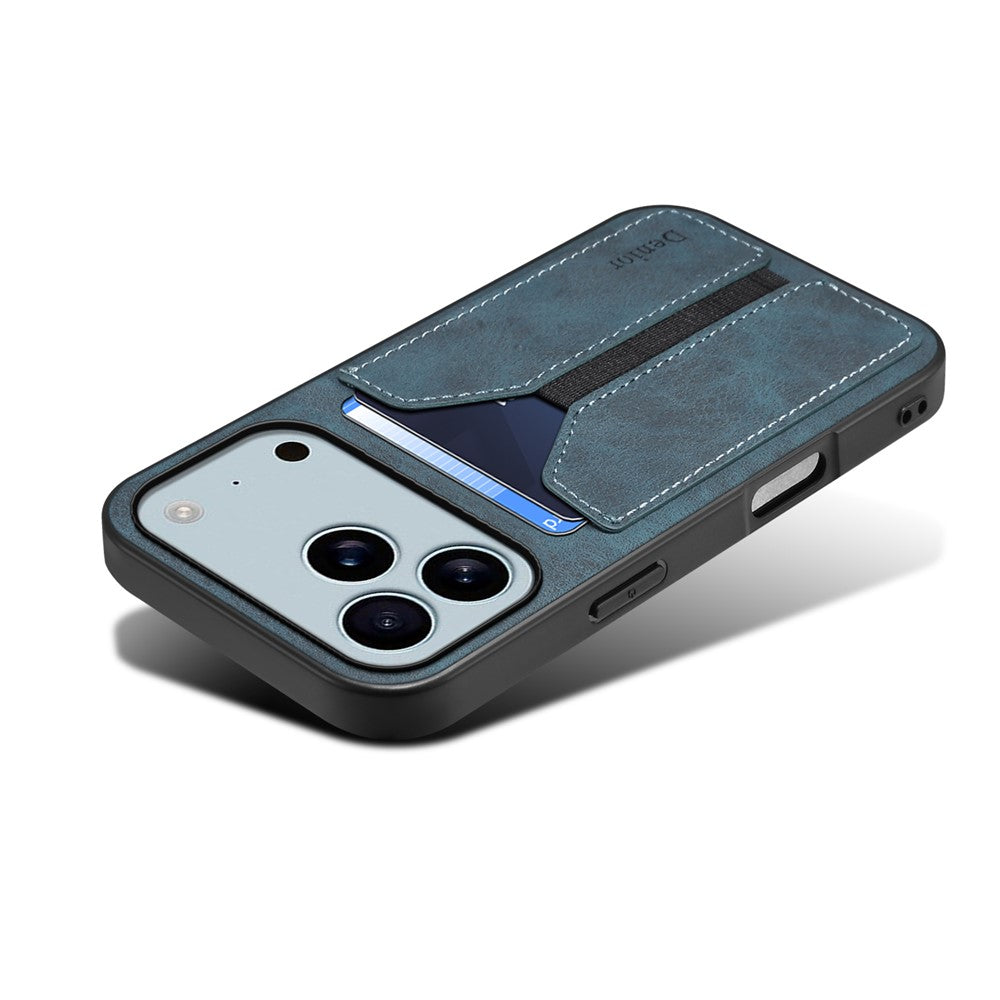 DENIOR For iPhone 17 Pro Max Case Elastic Card Holder PU Leather + TPU + PC Phone Cover - Blue