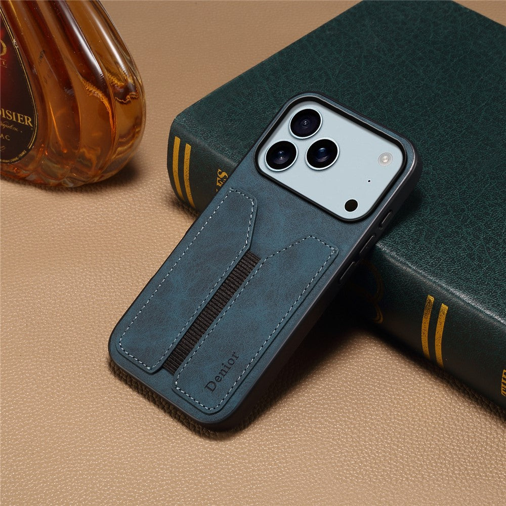DENIOR For iPhone 17 Pro Max Case Elastic Card Holder PU Leather + TPU + PC Phone Cover - Blue