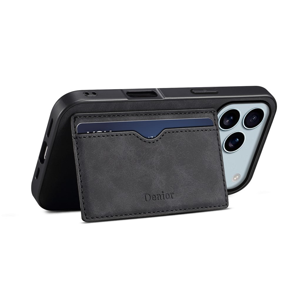 DENIOR For iPhone 17 Pro Max Case Card Holder Kickstand Leather Phone Back Cover - Black