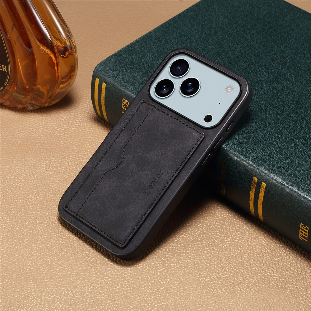 DENIOR For iPhone 17 Pro Max Case Card Holder Kickstand Leather Phone Back Cover - Black