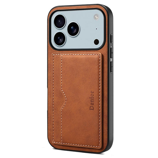 DENIOR For iPhone 17 Pro Max Case Card Holder Kickstand Leather Phone Back Cover - Brown