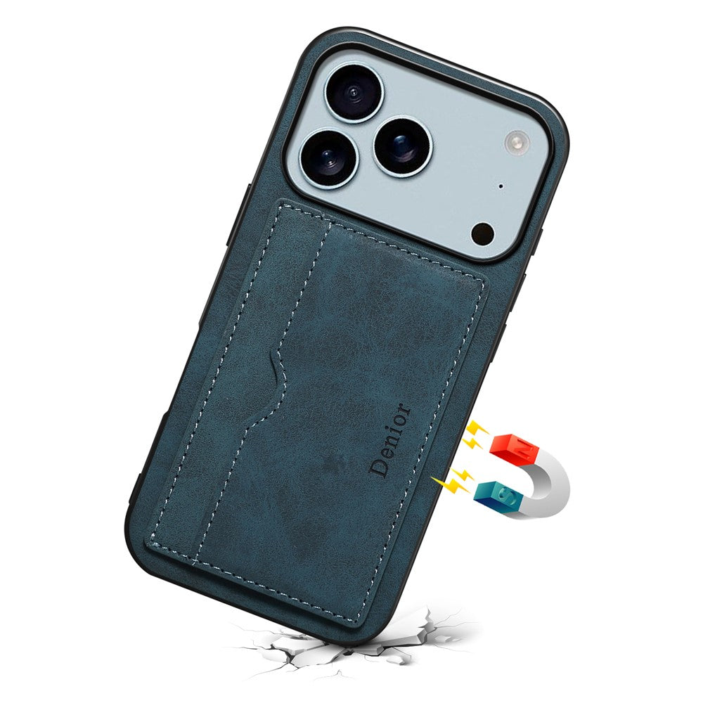 DENIOR For iPhone 17 Pro Max Case Card Holder Kickstand Leather Phone Back Cover - Blue