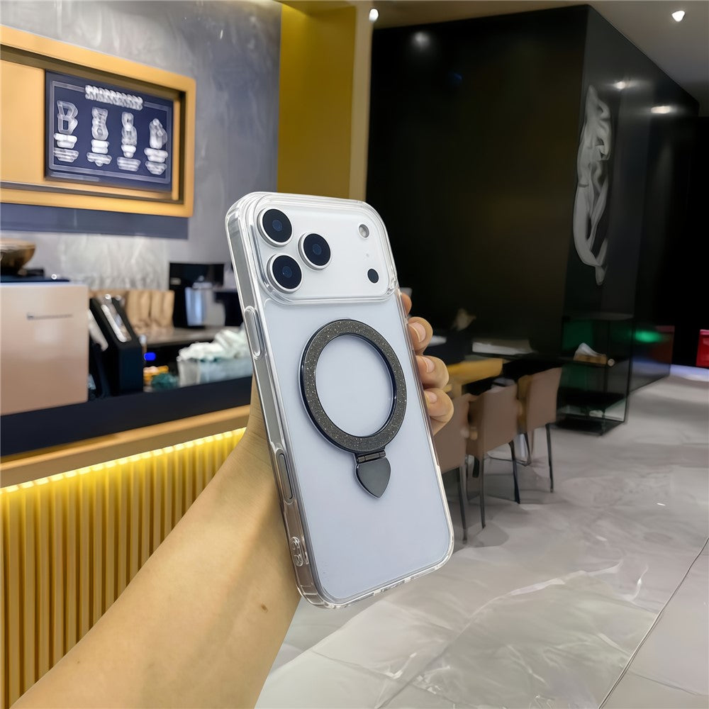 For iPhone 17 Pro Max Case TPU + Acrylic Clear Phone Cover with Glitter Ring Kickstand - Black