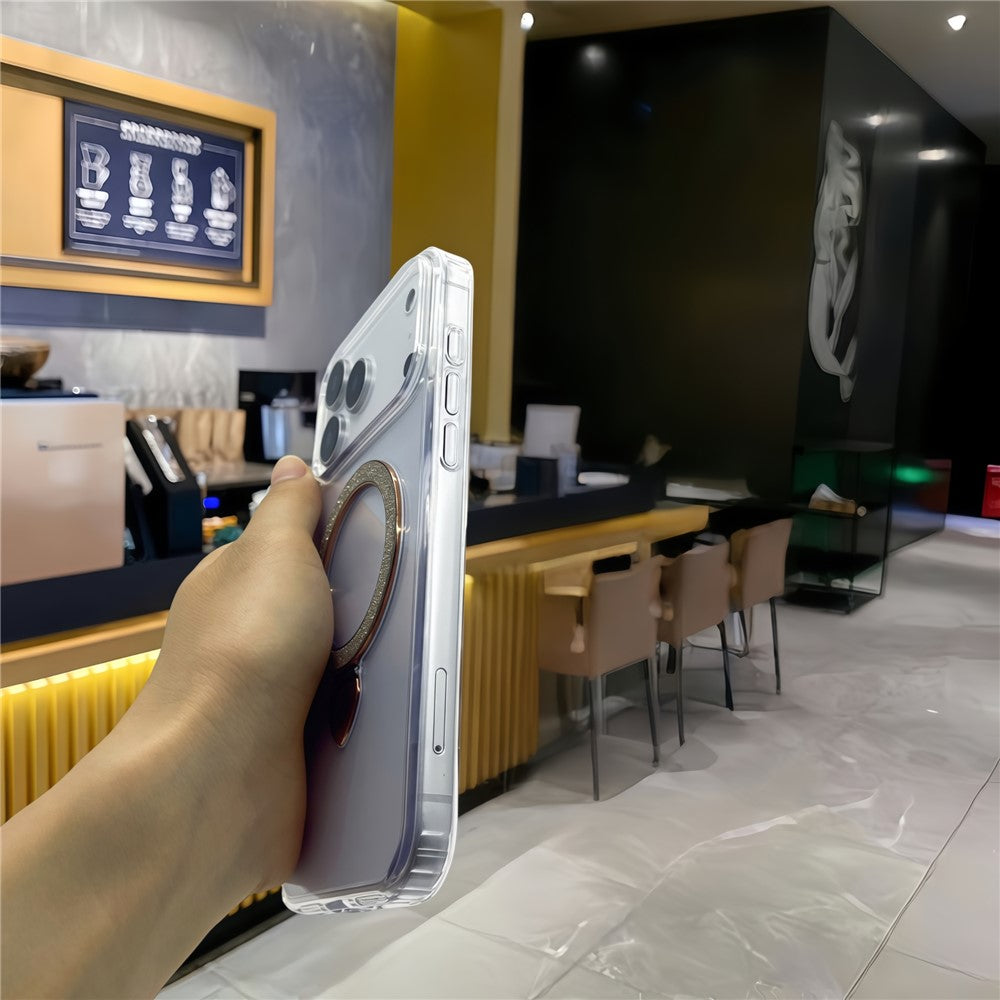 For iPhone 17 Pro Max Case TPU + Acrylic Clear Phone Cover with Glitter Ring Kickstand - Black