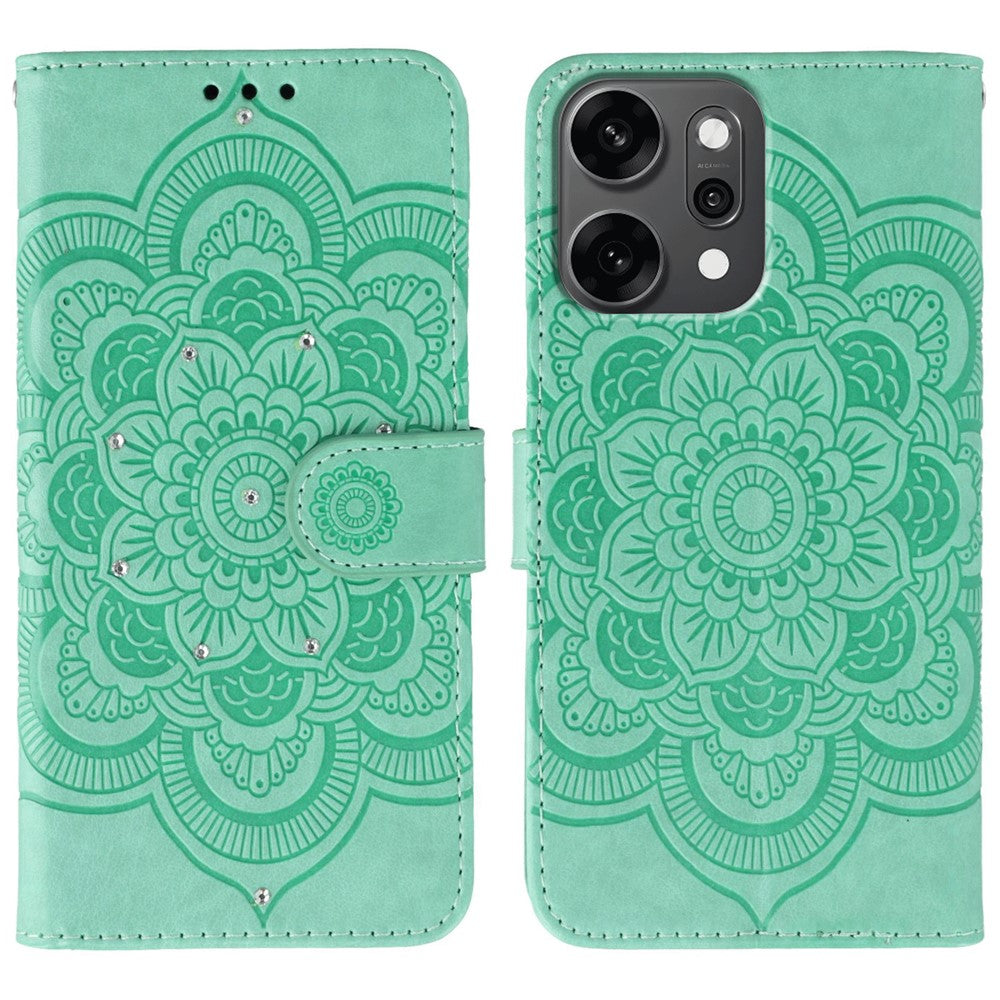 For Oppo Reno14 Pro 5G (Global) Case Rhinestone Decor PU Leather Mandala Imprinted Design Phone Cover with Wrist Strap - Green