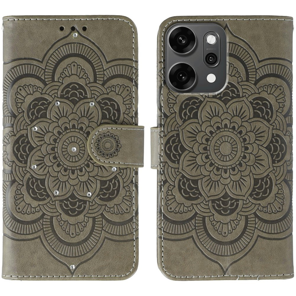 For Oppo Reno14 Pro 5G (Global) Case Rhinestone Decor PU Leather Mandala Imprinted Design Phone Cover with Wrist Strap - Grey
