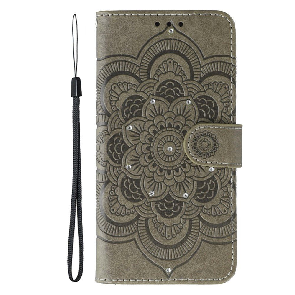 For Oppo Reno14 Pro 5G (Global) Case Rhinestone Decor PU Leather Mandala Imprinted Design Phone Cover with Wrist Strap - Grey