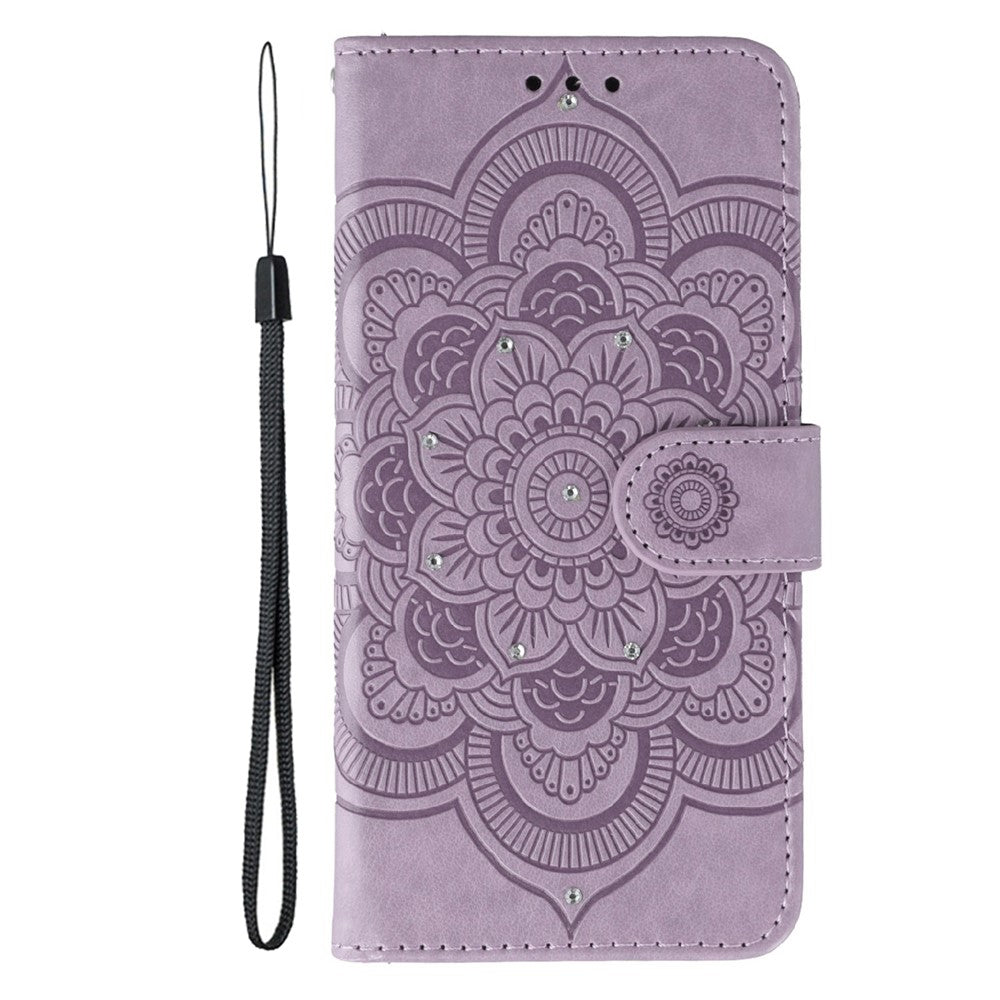 For Oppo Reno14 Pro 5G (Global) Case Rhinestone Decor PU Leather Mandala Imprinted Design Phone Cover with Wrist Strap - Purple