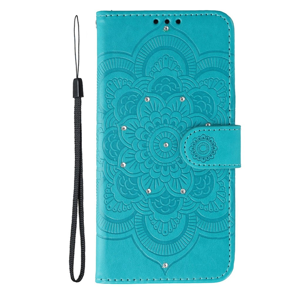 For Oppo Reno14 Pro 5G (Global) Case Rhinestone Decor PU Leather Mandala Imprinted Design Phone Cover with Wrist Strap - Blue