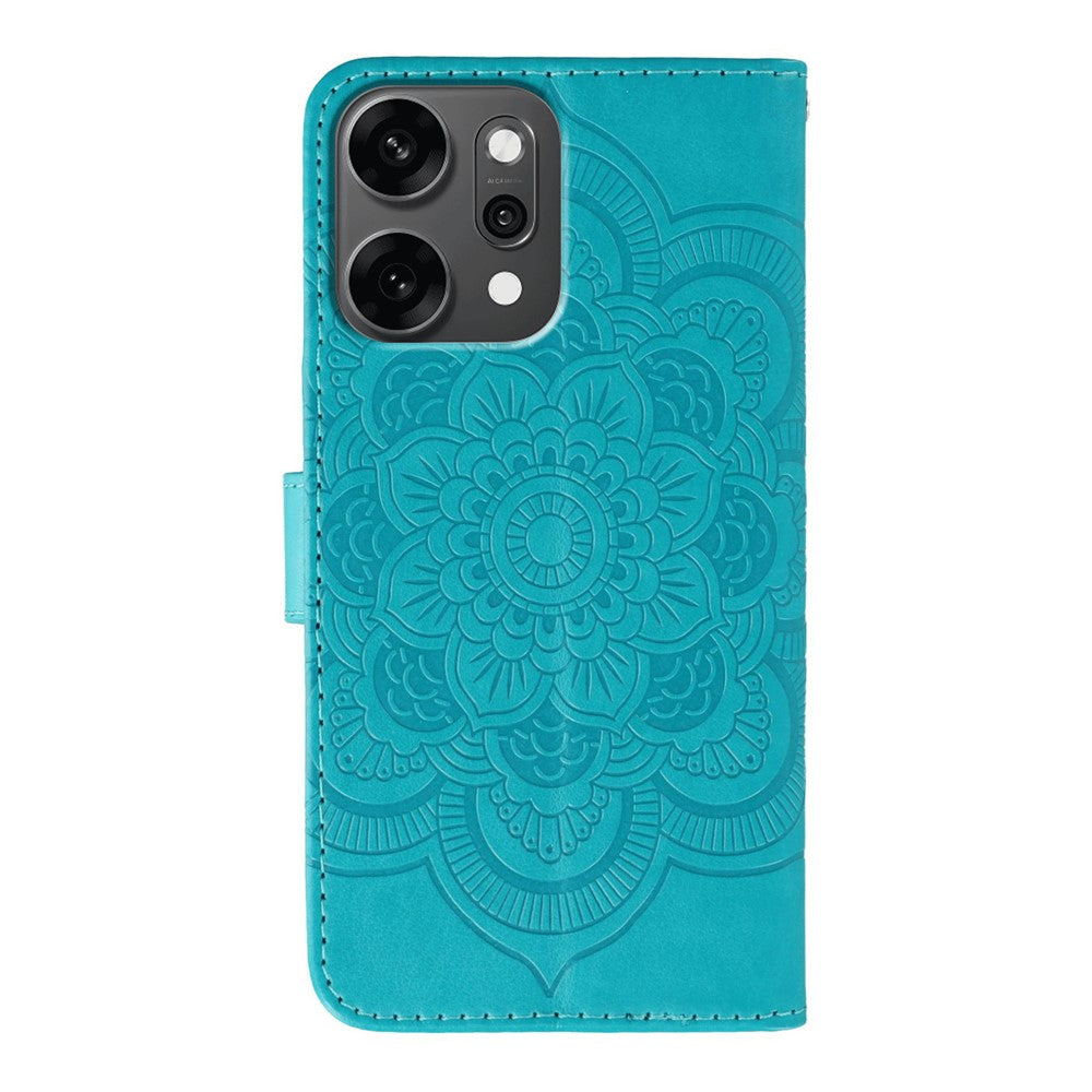 For Oppo Reno14 Pro 5G (Global) Case Rhinestone Decor PU Leather Mandala Imprinted Design Phone Cover with Wrist Strap - Blue