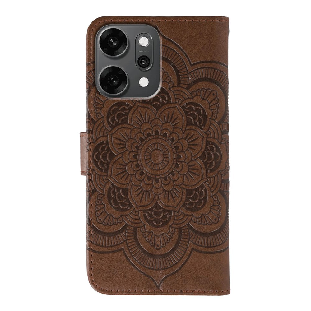 For Oppo Reno14 Pro 5G (Global) Case Rhinestone Decor PU Leather Mandala Imprinted Design Phone Cover with Wrist Strap - Brown
