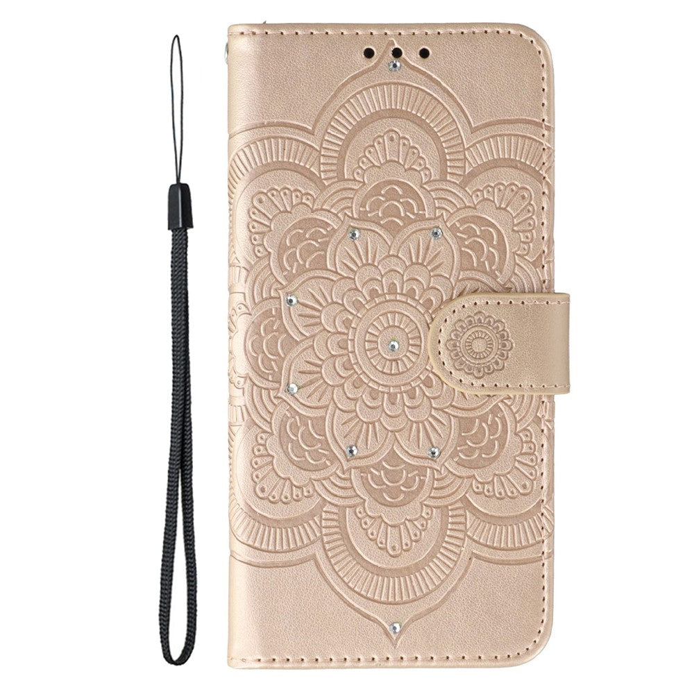 For Oppo Reno14 Pro 5G (Global) Case Rhinestone Decor PU Leather Mandala Imprinted Design Phone Cover with Wrist Strap - Rose Gold