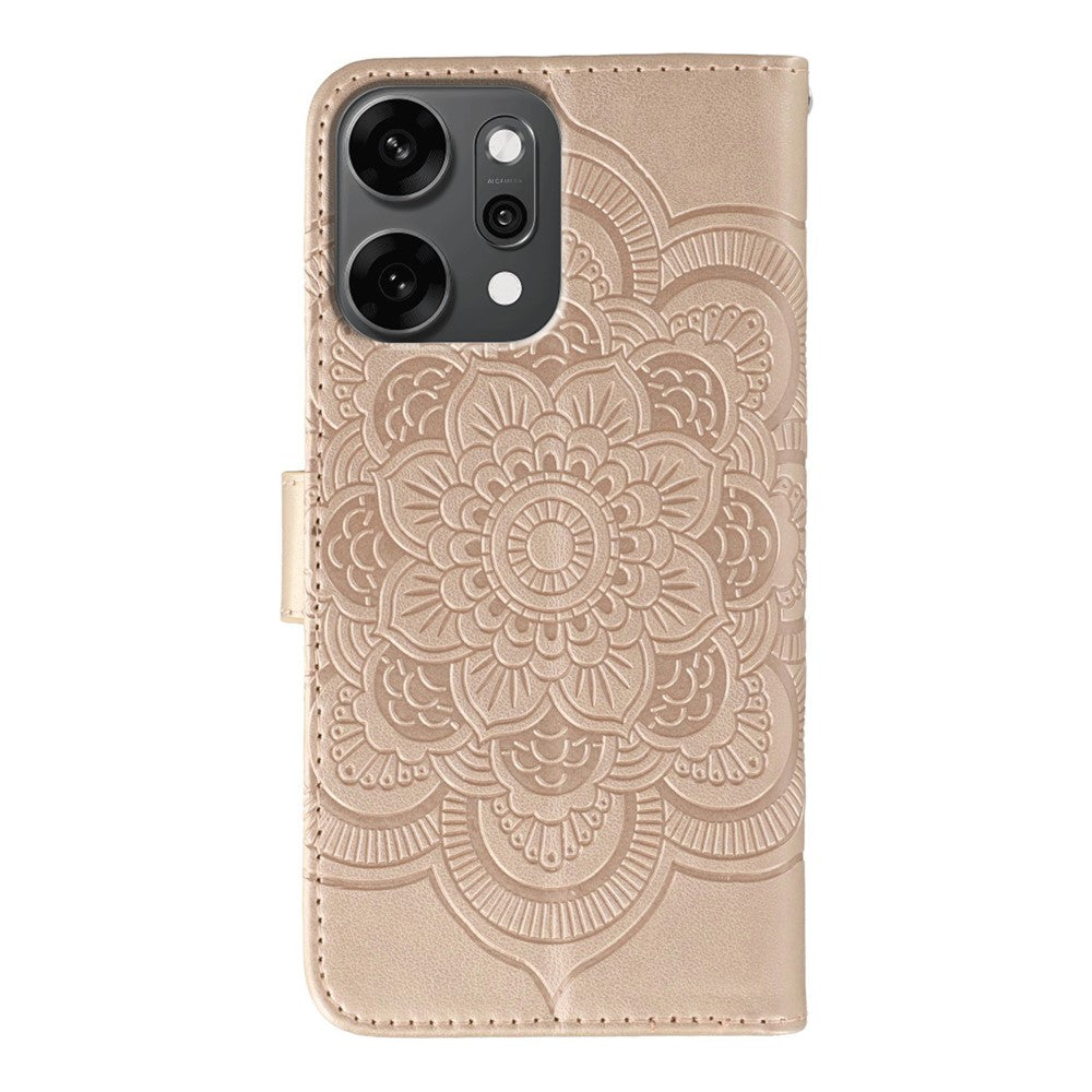 For Oppo Reno14 Pro 5G (Global) Case Rhinestone Decor PU Leather Mandala Imprinted Design Phone Cover with Wrist Strap - Rose Gold
