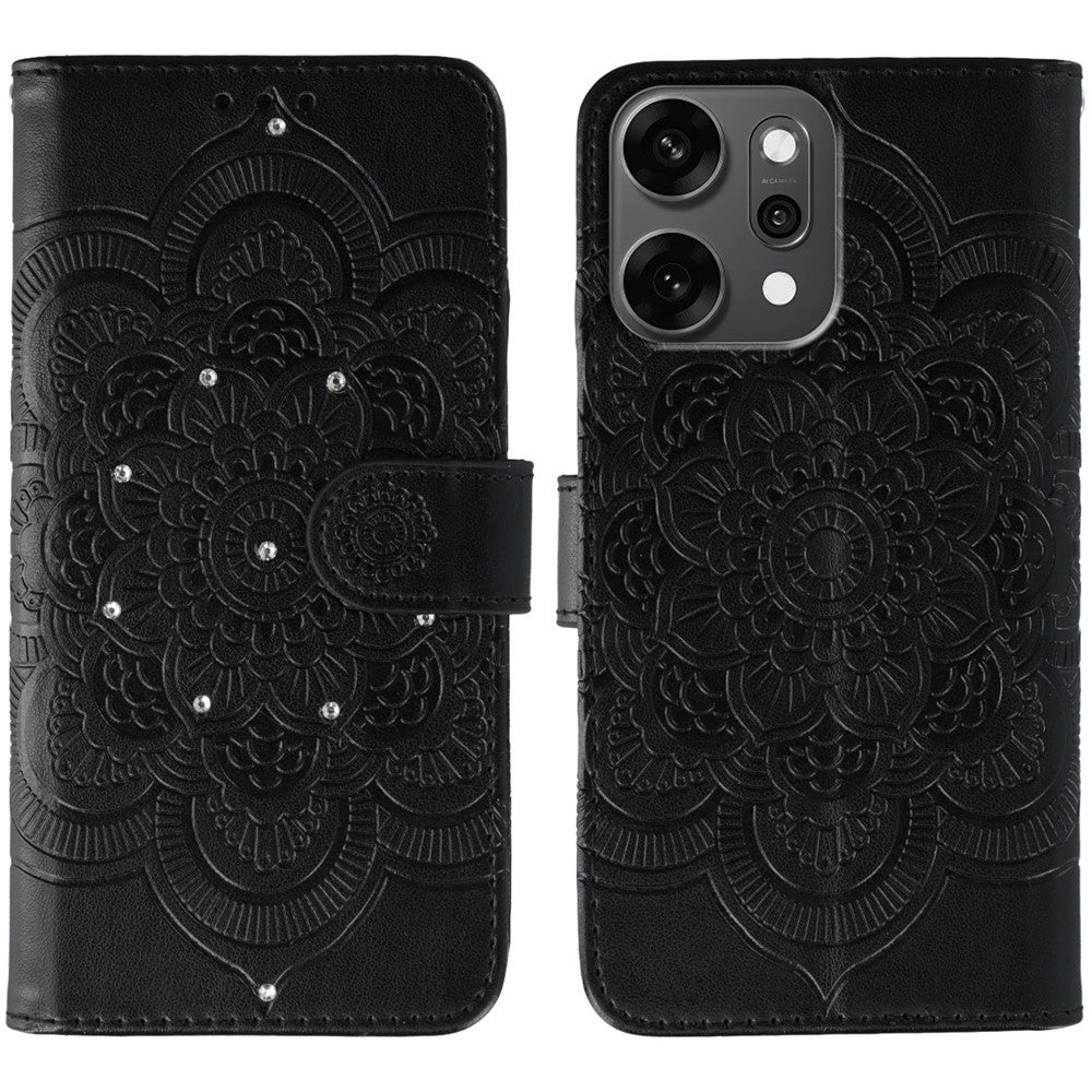 For Oppo Reno14 Pro 5G (Global) Case Rhinestone Decor PU Leather Mandala Imprinted Design Phone Cover with Wrist Strap - Black