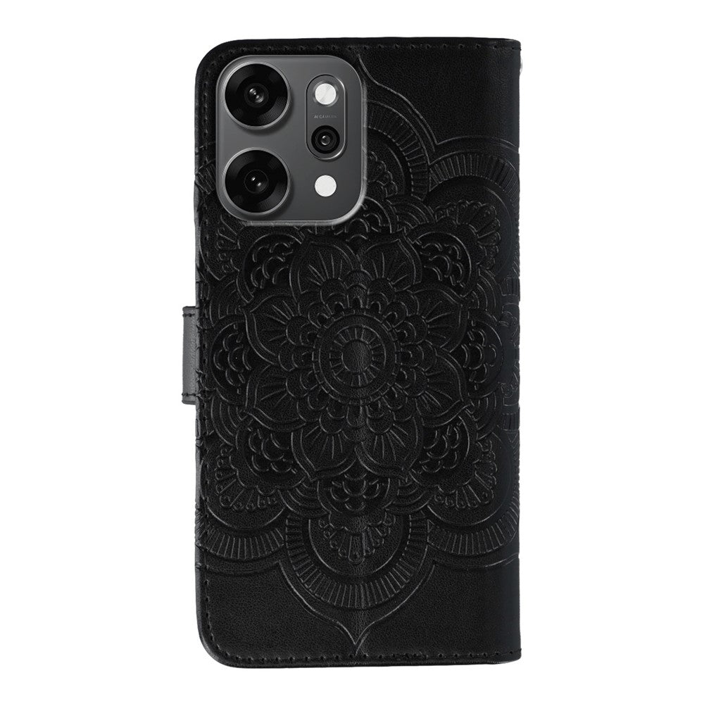 For Oppo Reno14 Pro 5G (Global) Case Rhinestone Decor PU Leather Mandala Imprinted Design Phone Cover with Wrist Strap - Black