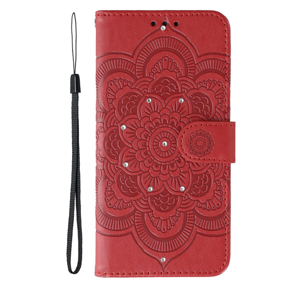 For Oppo Reno14 Pro 5G (Global) Case Rhinestone Decor PU Leather Mandala Imprinted Design Phone Cover with Wrist Strap - Red