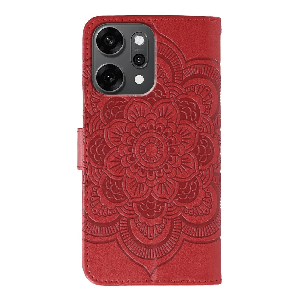 For Oppo Reno14 Pro 5G (Global) Case Rhinestone Decor PU Leather Mandala Imprinted Design Phone Cover with Wrist Strap - Red