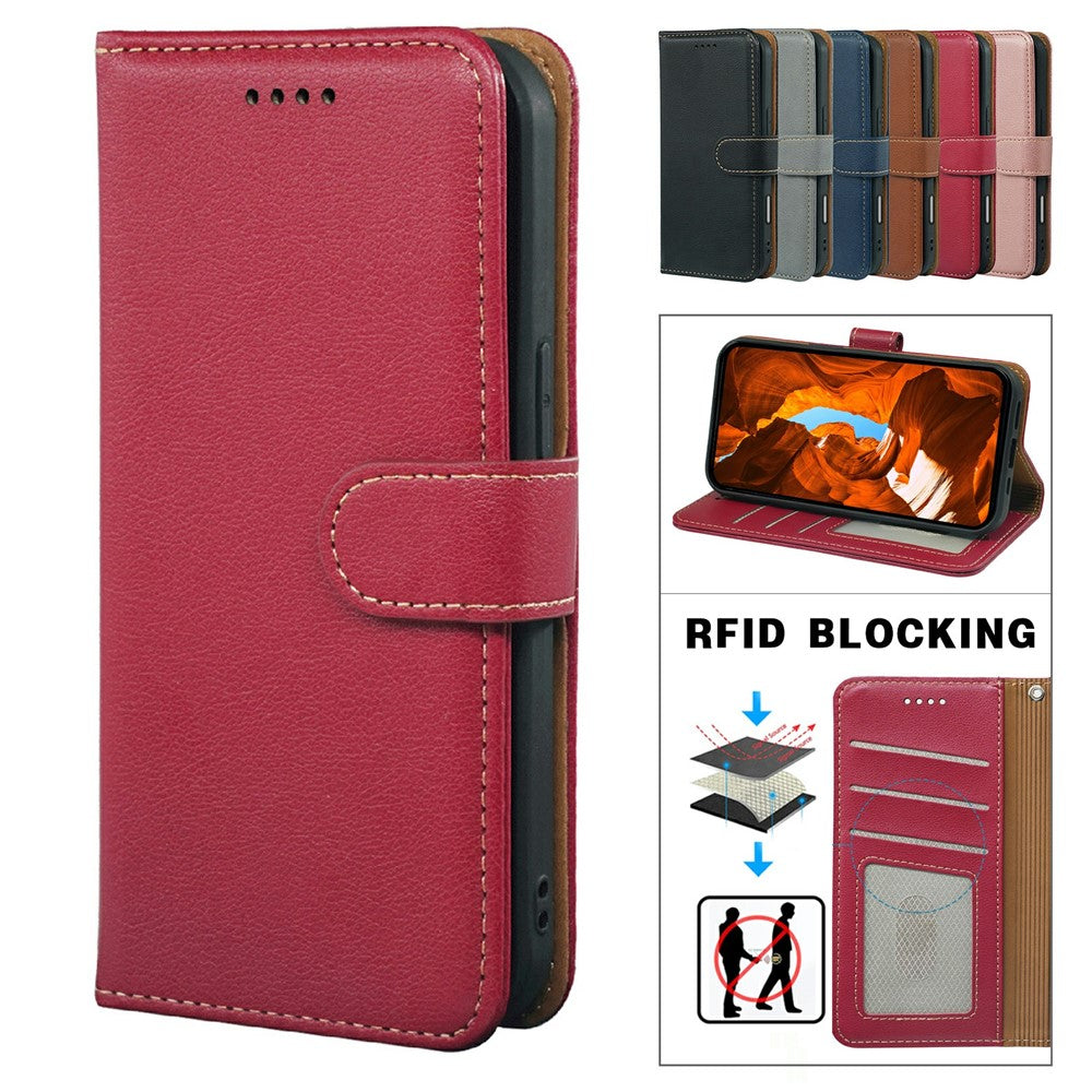 For Oppo Reno14 Pro 5G (Global) Case RFID Blocking Wallet Litchi Texture Leather Phone Cover Magnetic Clasp - Red