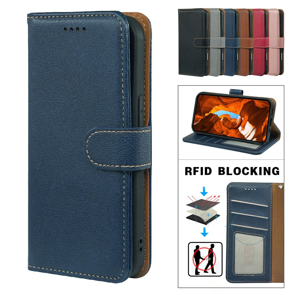 For Oppo Reno14 Pro 5G (Global) Case RFID Blocking Wallet Litchi Texture Leather Phone Cover Magnetic Clasp - Blue