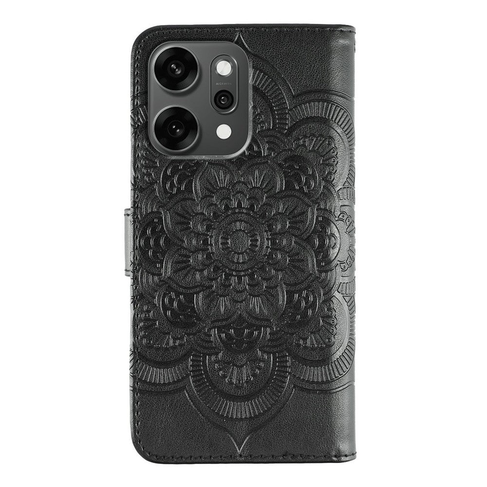For Oppo Reno14 Pro 5G (Global) Case PU Leather Mandala Imprinted Design Wallet Phone Cover with Wrist Strap - Black