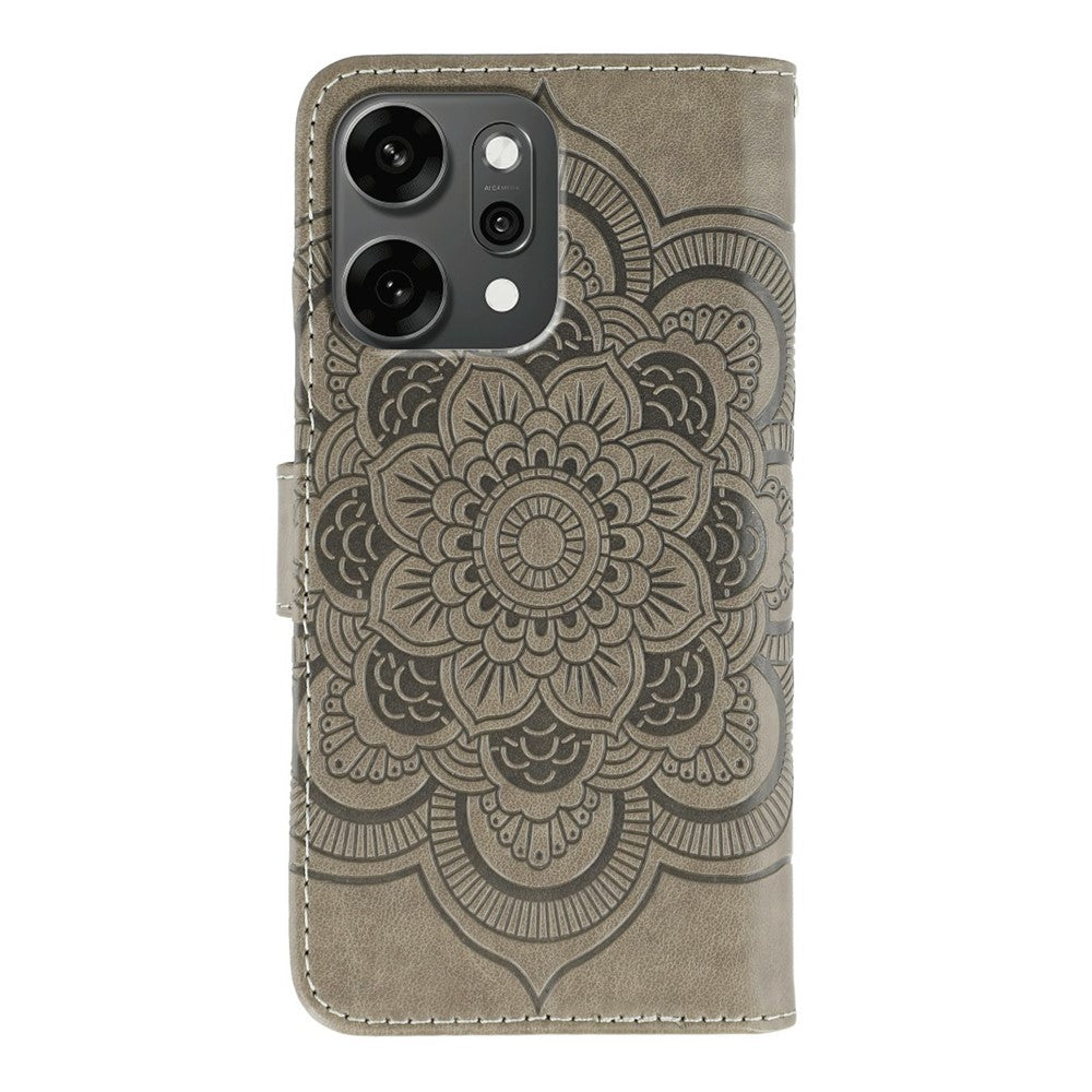 For Oppo Reno14 Pro 5G (Global) Case PU Leather Mandala Imprinted Design Wallet Phone Cover with Wrist Strap - Grey