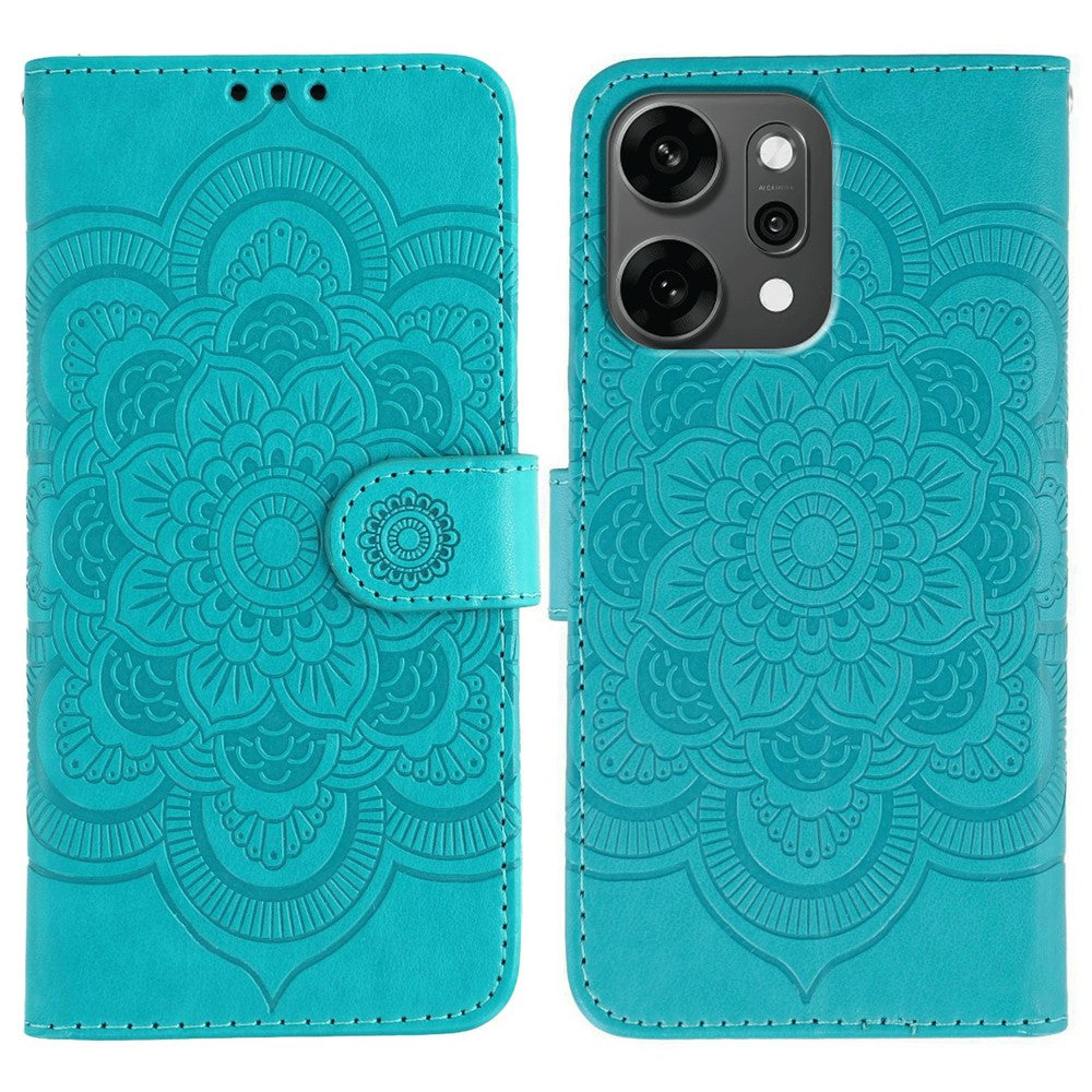 For Oppo Reno14 Pro 5G (Global) Case PU Leather Mandala Imprinted Design Wallet Phone Cover with Wrist Strap - Blue