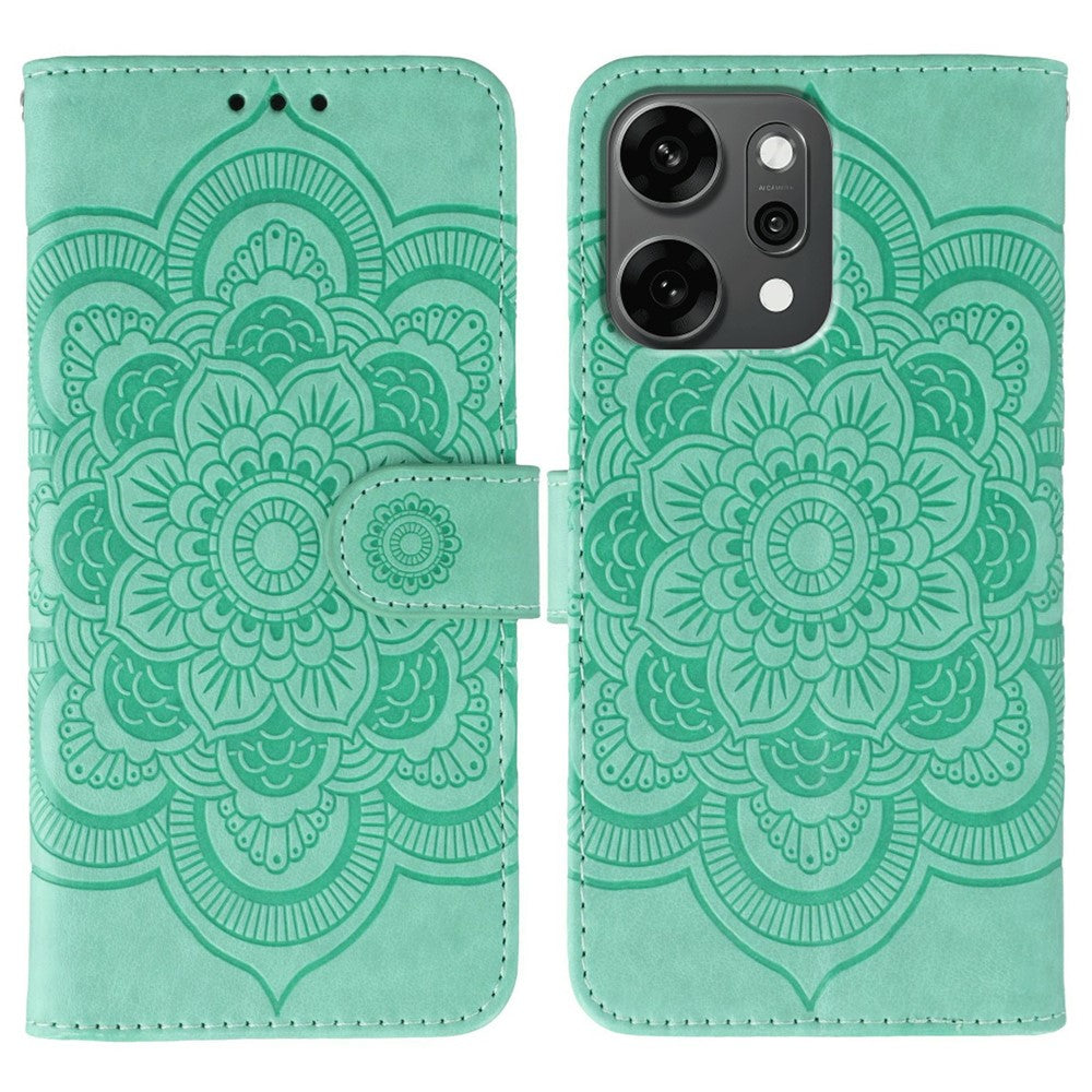 For Oppo Reno14 Pro 5G (Global) Case PU Leather Mandala Imprinted Design Wallet Phone Cover with Wrist Strap - Green