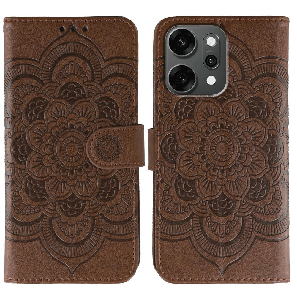 For Oppo Reno14 Pro 5G (Global) Case PU Leather Mandala Imprinted Design Wallet Phone Cover with Wrist Strap - Brown
