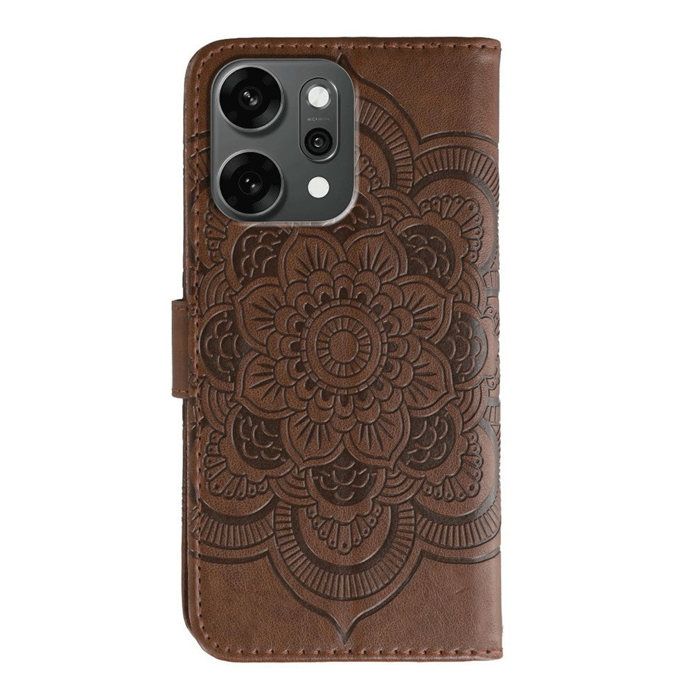 For Oppo Reno14 Pro 5G (Global) Case PU Leather Mandala Imprinted Design Wallet Phone Cover with Wrist Strap - Brown