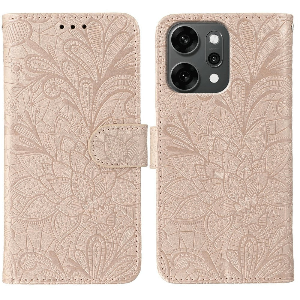For Oppo Reno14 Pro 5G (Global) Case Lace Flowers PU Leather Flip Wallet Phone Cover - Rose Gold