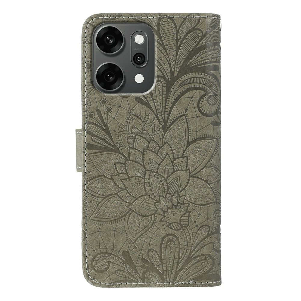 For Oppo Reno14 Pro 5G (Global) Case Lace Flowers PU Leather Flip Wallet Phone Cover - Grey