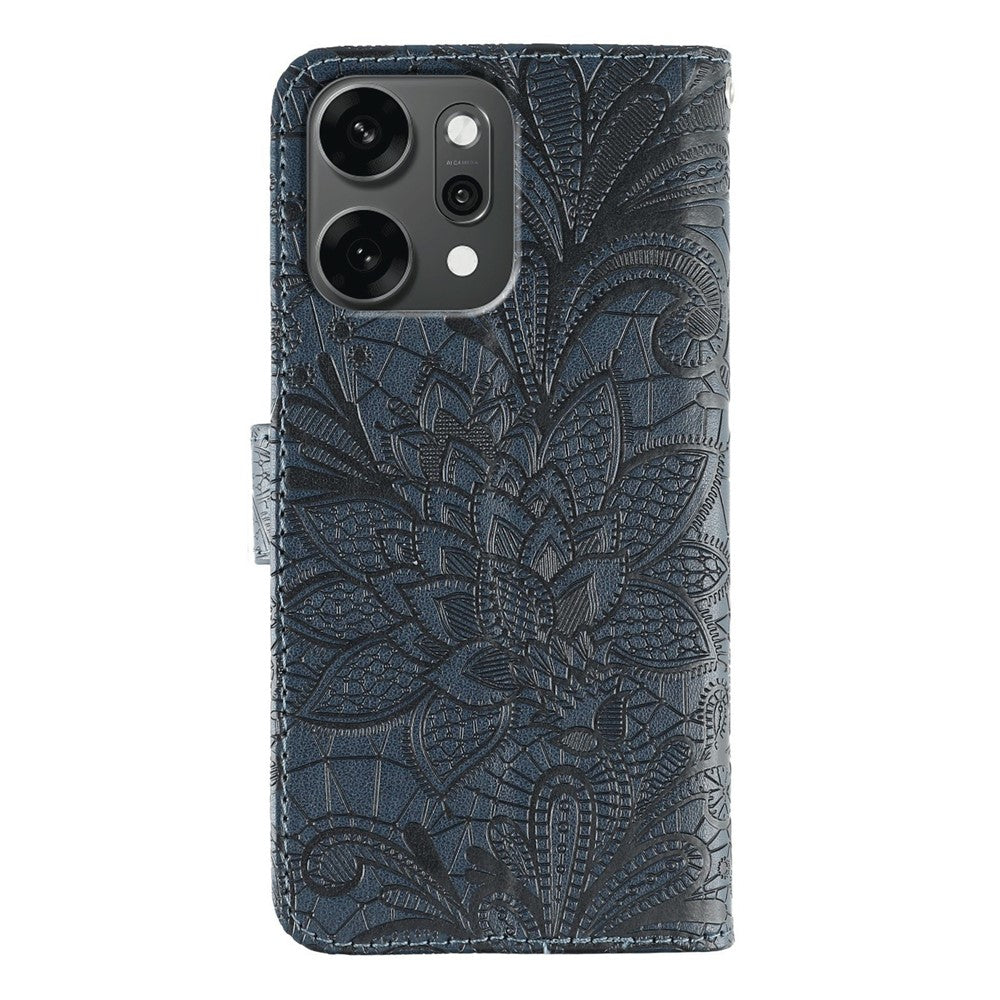 For Oppo Reno14 Pro 5G (Global) Case Lace Flowers PU Leather Flip Wallet Phone Cover - Dark Blue