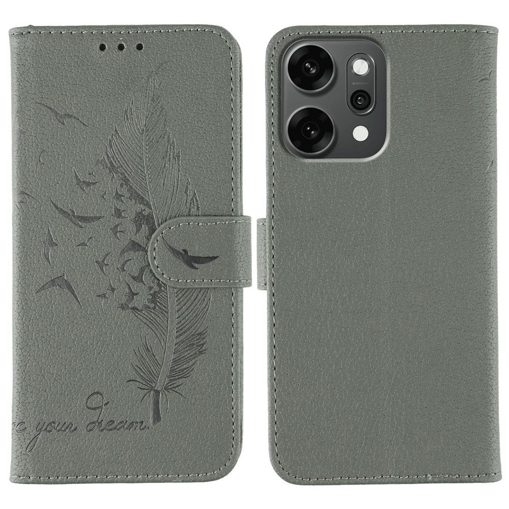 For Oppo Reno14 Pro 5G (Global) Case Feather Imprint PU Leather Wallet Phone Cover - Grey
