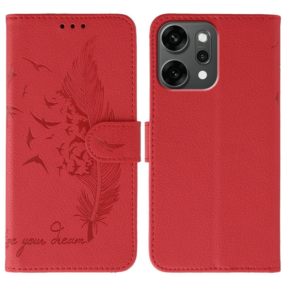 For Oppo Reno14 Pro 5G (Global) Case Feather Imprint PU Leather Wallet Phone Cover - Red