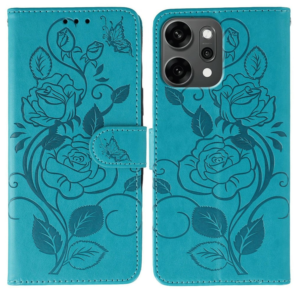 For Oppo Reno14 Pro 5G (Global) Case Wallet Stand Imprinted Rose Butterfly PU Leather Phone Cover - Blue