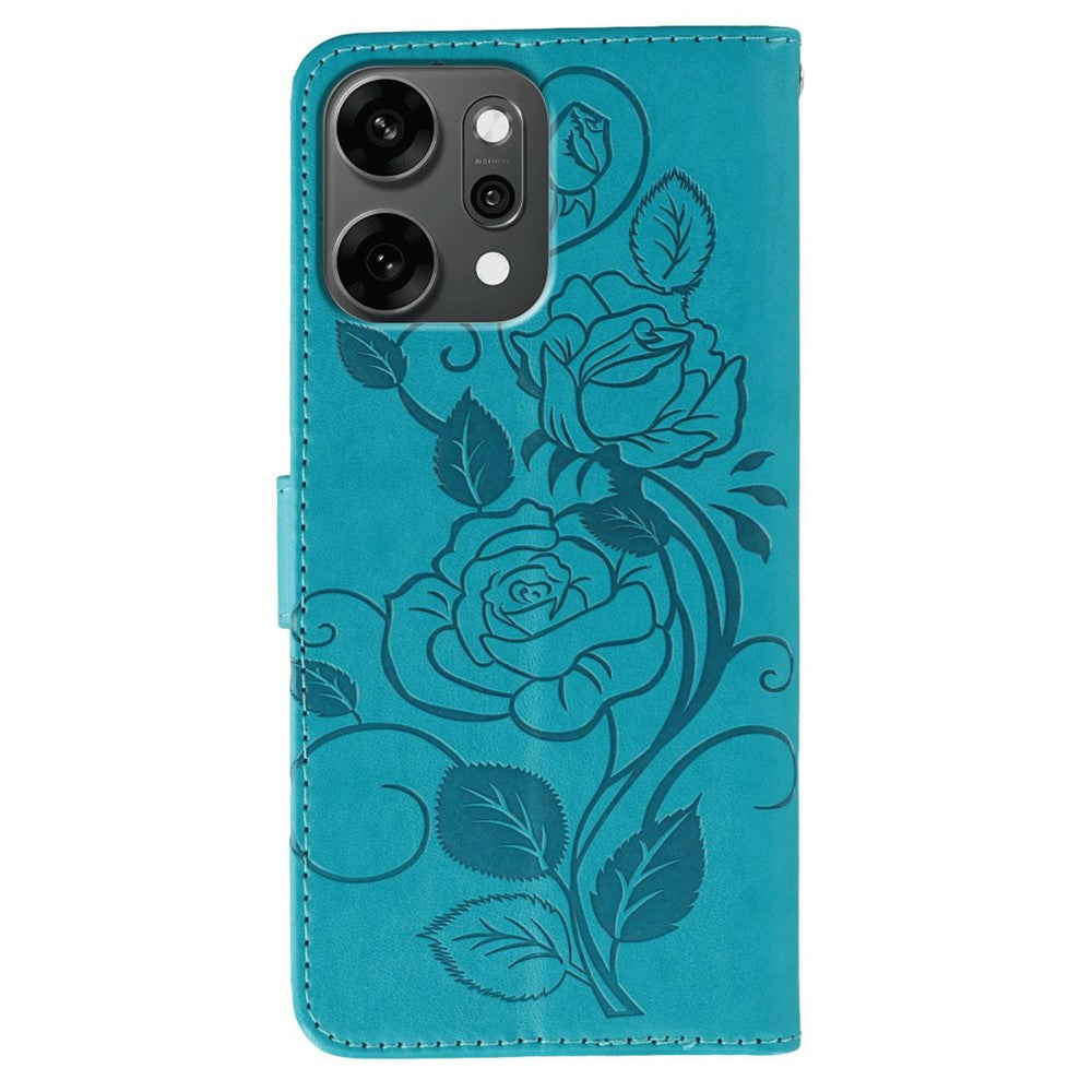 For Oppo Reno14 Pro 5G (Global) Case Wallet Stand Imprinted Rose Butterfly PU Leather Phone Cover - Blue