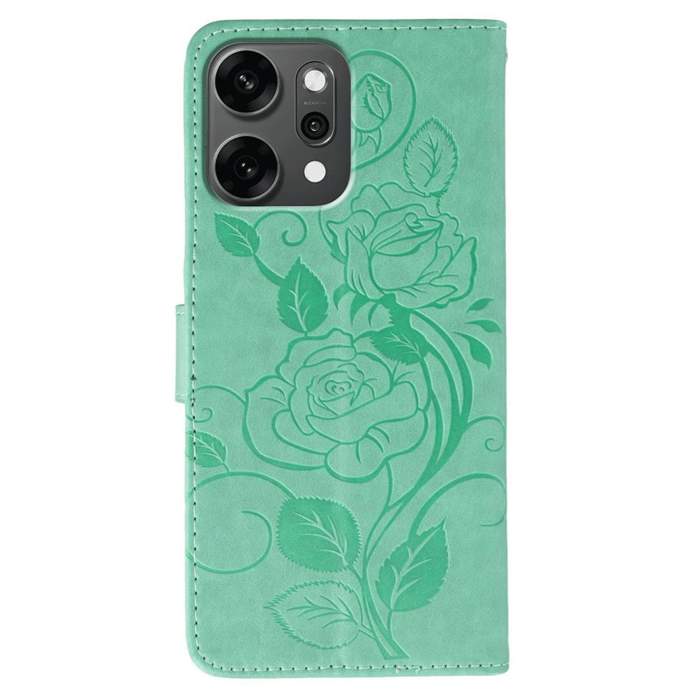 For Oppo Reno14 Pro 5G (Global) Case Wallet Stand Imprinted Rose Butterfly PU Leather Phone Cover - Green