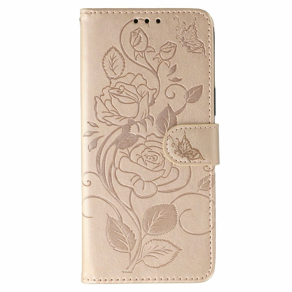 For Oppo Reno14 Pro 5G (Global) Case Wallet Stand Imprinted Rose Butterfly PU Leather Phone Cover - Rose Gold