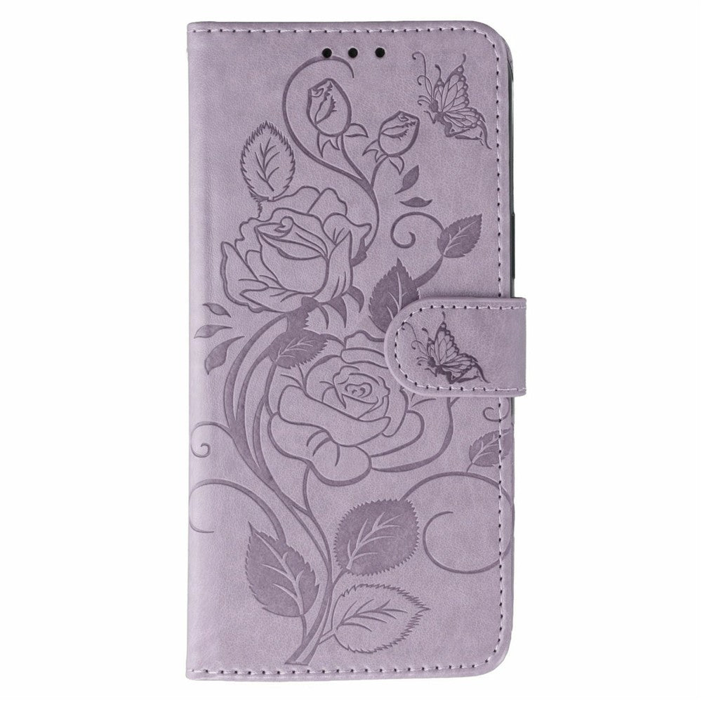 For Oppo Reno14 Pro 5G (Global) Case Wallet Stand Imprinted Rose Butterfly PU Leather Phone Cover - Purple