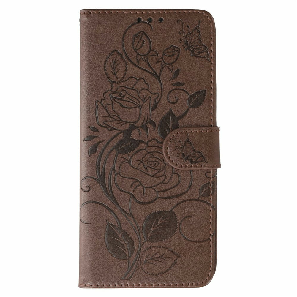 For Oppo Reno14 Pro 5G (Global) Case Wallet Stand Imprinted Rose Butterfly PU Leather Phone Cover - Brown