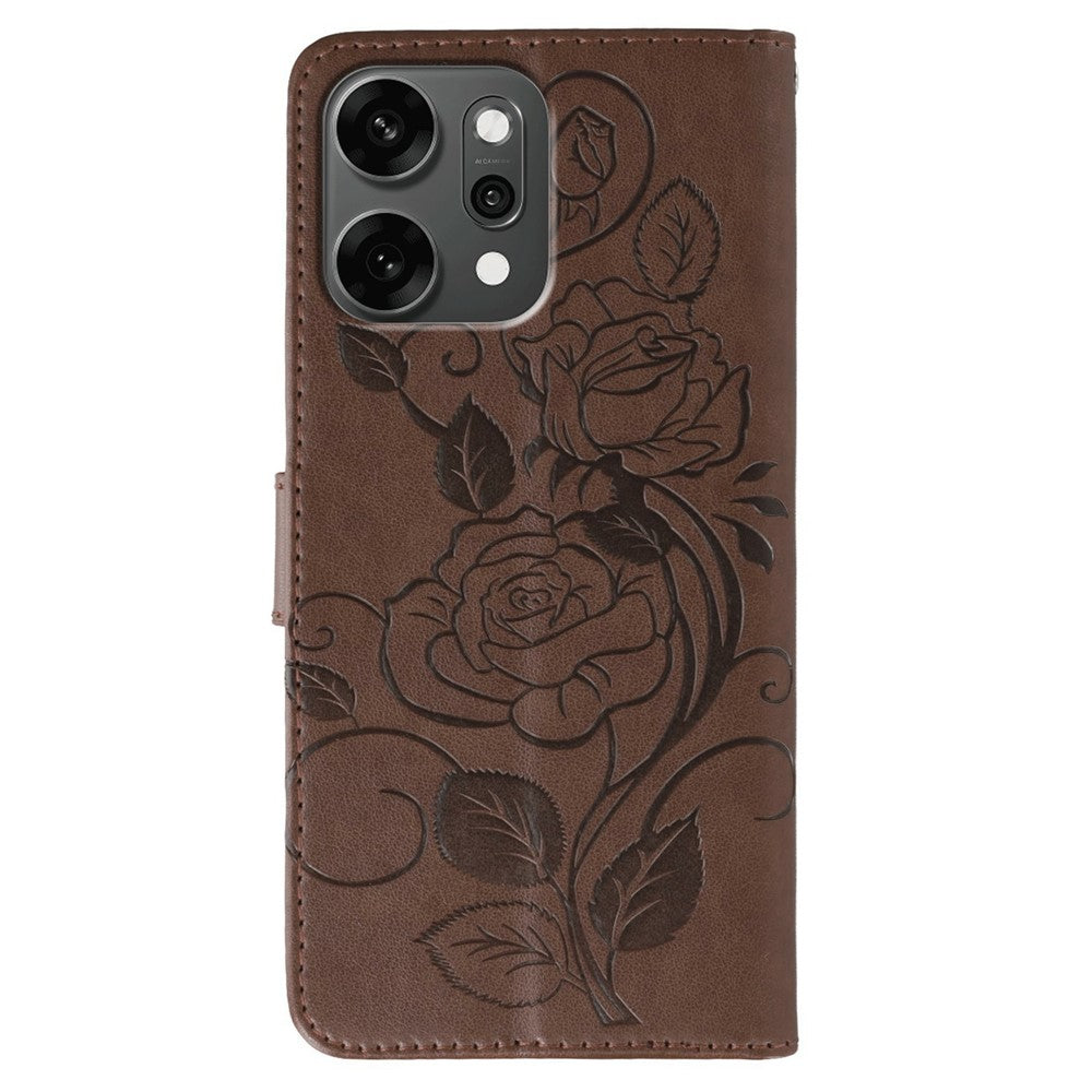 For Oppo Reno14 Pro 5G (Global) Case Wallet Stand Imprinted Rose Butterfly PU Leather Phone Cover - Brown