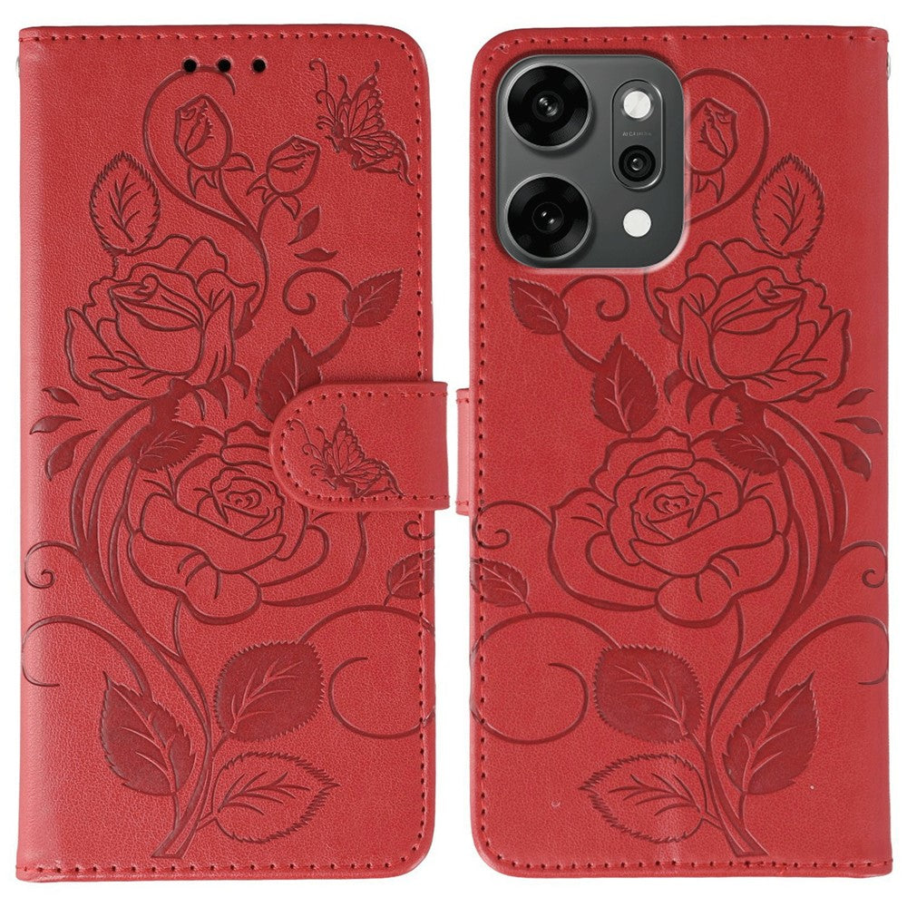 For Oppo Reno14 Pro 5G (Global) Case Wallet Stand Imprinted Rose Butterfly PU Leather Phone Cover - Red