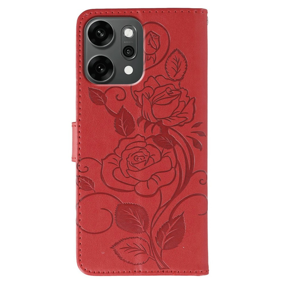 For Oppo Reno14 Pro 5G (Global) Case Wallet Stand Imprinted Rose Butterfly PU Leather Phone Cover - Red